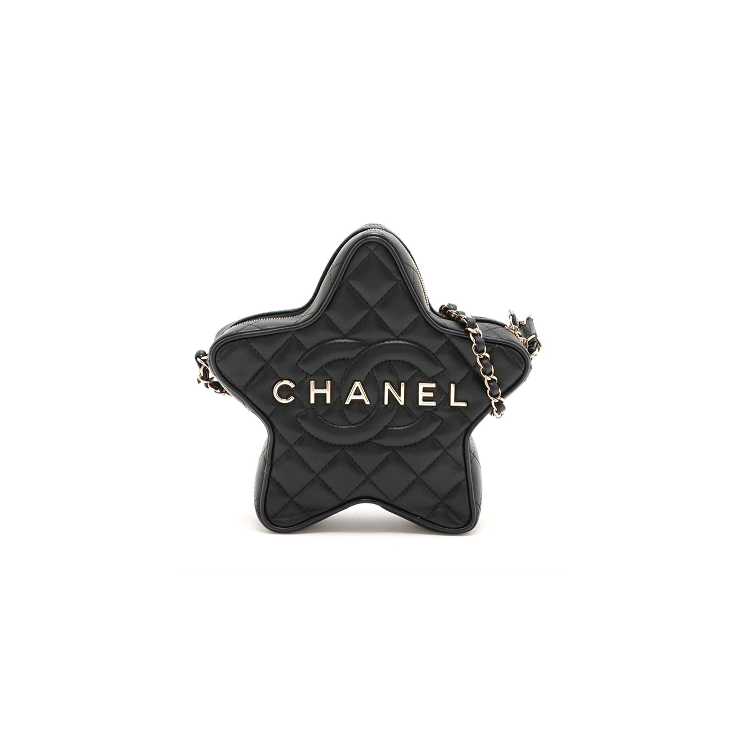 Ch*el lambskin chain shoulder bag star black gold metal fitti a3501 (22.5*6cm)